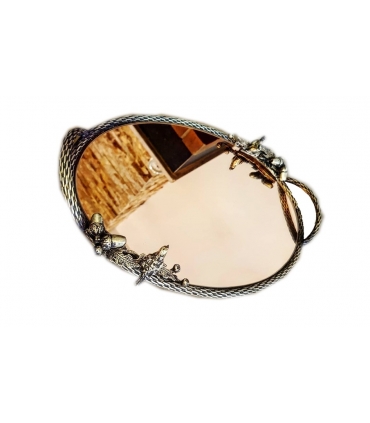 سینی بیضی برنجی آنتیک طرح گنجشک و بلوط Antique brass oval tray