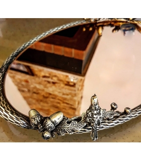 سینی بیضی برنجی آنتیک طرح گنجشک و بلوط Antique brass oval tray