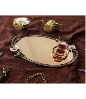 سینی   بیضی برنجی آنتیک میناکاری گنجشک و گل ارکیده سایز بزرگ   Antique brass oval tray
