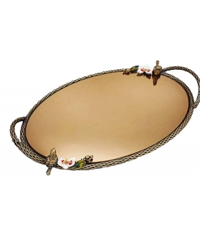 سینی   بیضی برنجی آنتیک میناکاری گنجشک و گل ارکیده سایز بزرگ   Antique brass oval tray