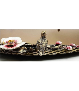 سینی   بیضی برنجی آنتیک میناکاری گنجشک و گل ارکیده سایز بزرگ   Antique brass oval tray