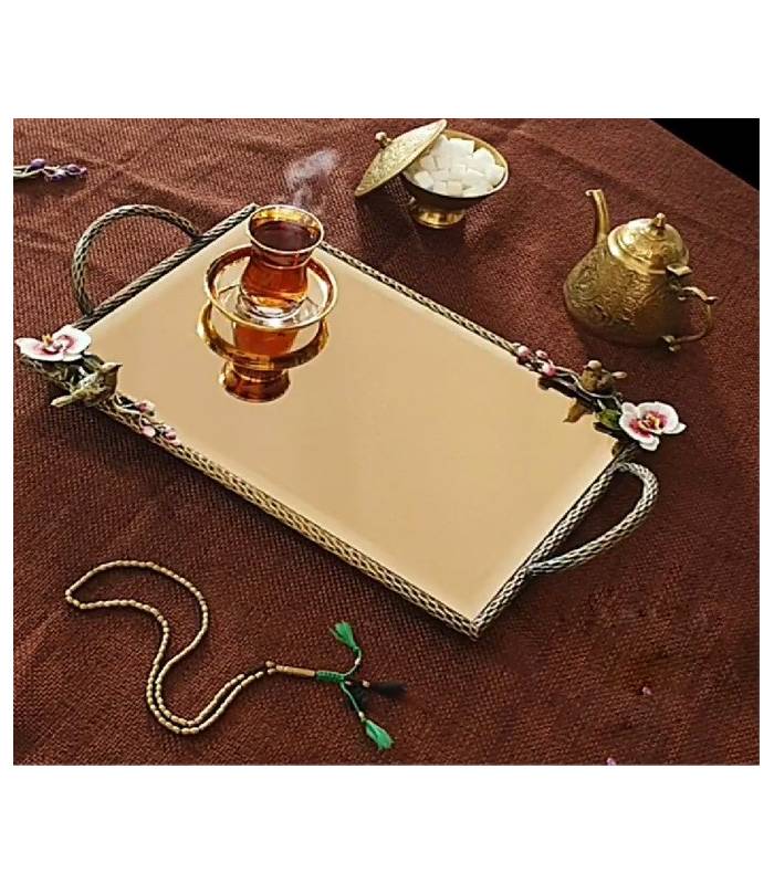 سینی   مستطیلی برنجی آنتیک میناکاری گنجشک و گل ارکیده   Antique brass Rectangular tray