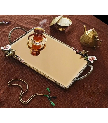 سینی   مستطیلی برنجی آنتیک میناکاری گنجشک و گل ارکیده   Antique brass Rectangular tray