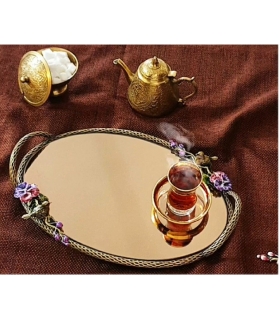سینی   بیضی برنجی آنتیک میناکاری گنجشک و گل بنفشه سایز بزرگ   Antique brass oval tray