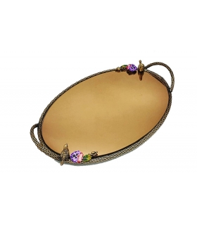 سینی   بیضی برنجی آنتیک میناکاری گنجشک و گل بنفشه سایز بزرگ   Antique brass oval tray