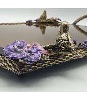 سینی   مستطیلی برنجی آنتیک میناکاری گنجشک و گل بنفشه   Antique brass Rectangular tray