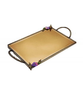 سینی   مستطیلی برنجی آنتیک میناکاری گنجشک و گل بنفشه   Antique brass Rectangular tray