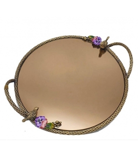 سینی   گرد برنجی آنتیک میناکاری گنجشک و گل بنفشه   Antique brass Round tray