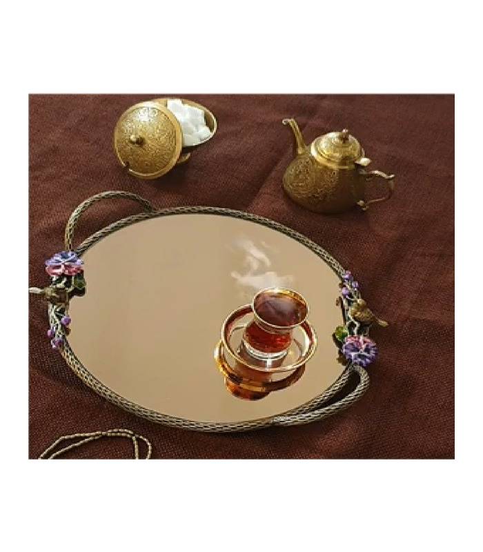 سینی   گرد برنجی آنتیک میناکاری گنجشک و گل بنفشه   Antique brass Round tray