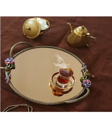 سینی گرد برنجی آنتیک میناکاری گنجشک و گل بنفشه Antique brass Round tray