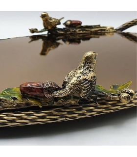 سینی   گرد برنجی آنتیک میناکاری گنجشک و بلوط   Antique brass Round tray