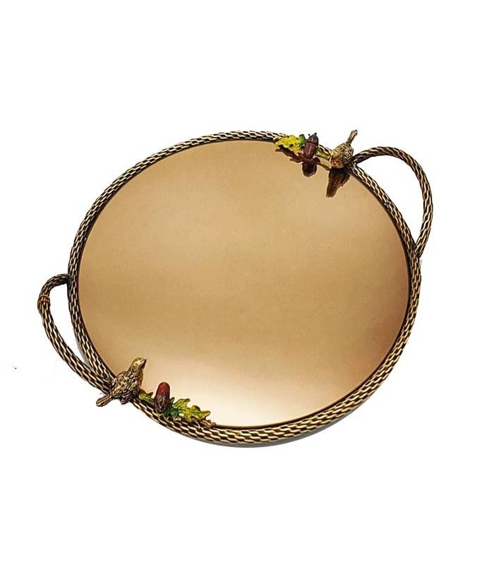 سینی   گرد برنجی آنتیک میناکاری گنجشک و بلوط   Antique brass Round tray