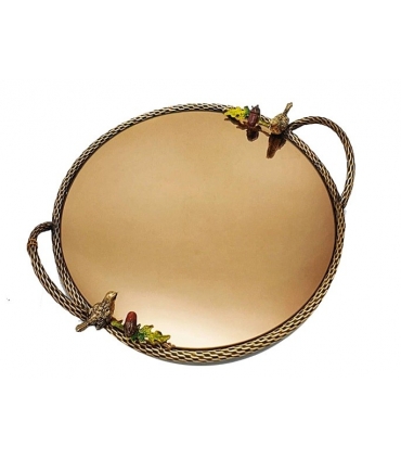 سینی   گرد برنجی آنتیک میناکاری گنجشک و بلوط   Antique brass Round tray