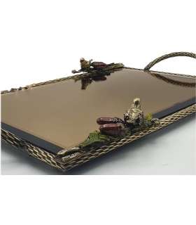 سینی   مستطیلی برنجی آنتیک میناکاری گنجشک و بلوط   Antique brass Rectangular tray