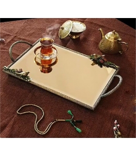 سینی   مستطیلی برنجی آنتیک میناکاری گنجشک و بلوط   Antique brass Rectangular tray