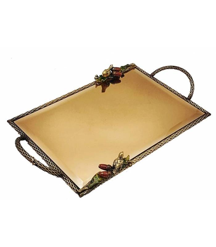 سینی   مستطیلی برنجی آنتیک میناکاری گنجشک و بلوط   Antique brass Rectangular tray