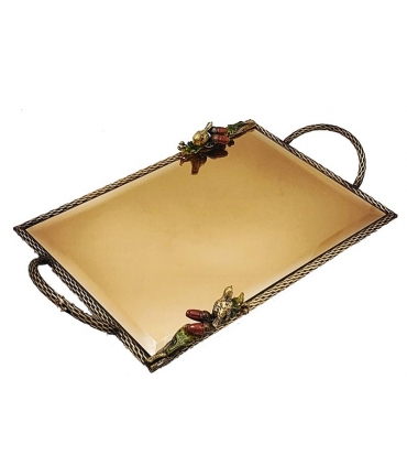 سینی   مستطیلی برنجی آنتیک میناکاری گنجشک و بلوط   Antique brass Rectangular tray