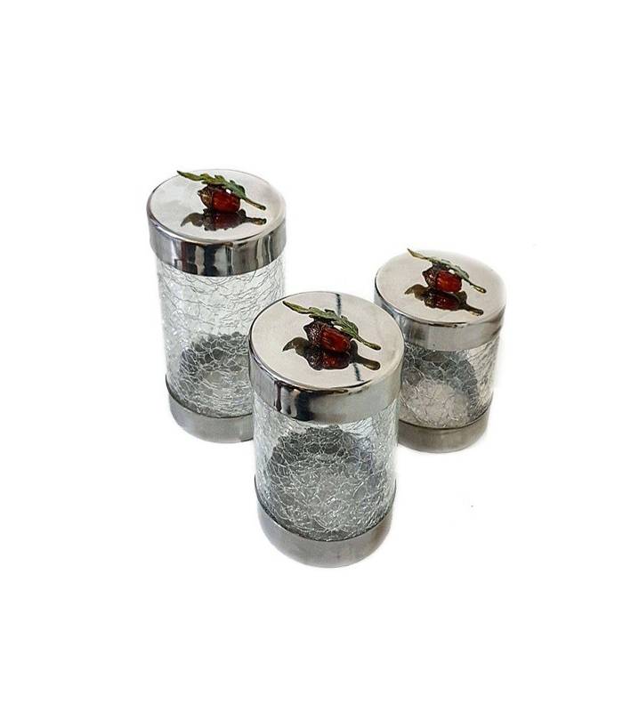 بانکه استیل و شیشه ترک با گل برنجی بلوط 3 عددی Grain tank 3-piece oak brass flower