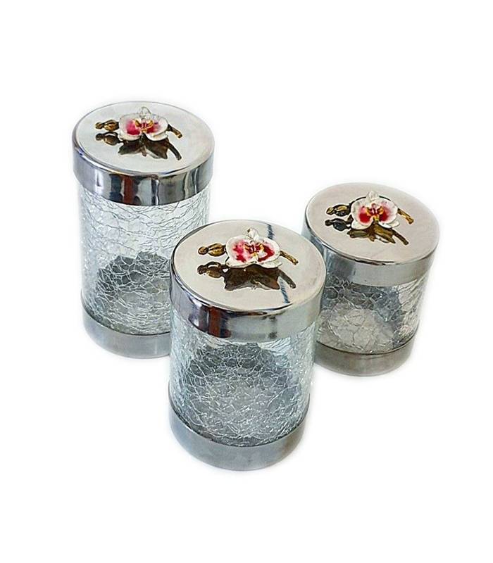 بانکه استیل و شیشه ترک با گل برنجی ارکیده 3 عددی Grain tank 3-piece Orchid brass flower