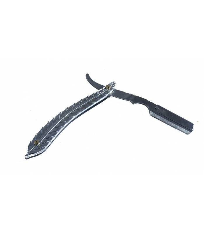 دسته تیغ اصلاح کرتزر فینی استیل طرح برگ همراه با کیف چرم KRETZER finny Stainless Steel Barber Razor