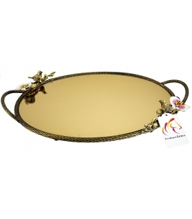 سینی   بیضی برنجی آنتیک میناکاری گنجشک و گل ارکیده سایز بزرگ   Antique brass oval tray