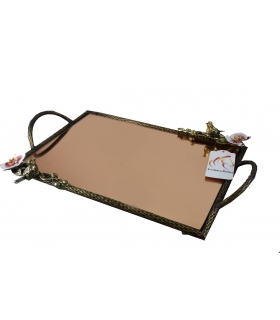 سینی   مستطیلی برنجی آنتیک میناکاری گنجشک و گل ارکیده   Antique brass Rectangular tray