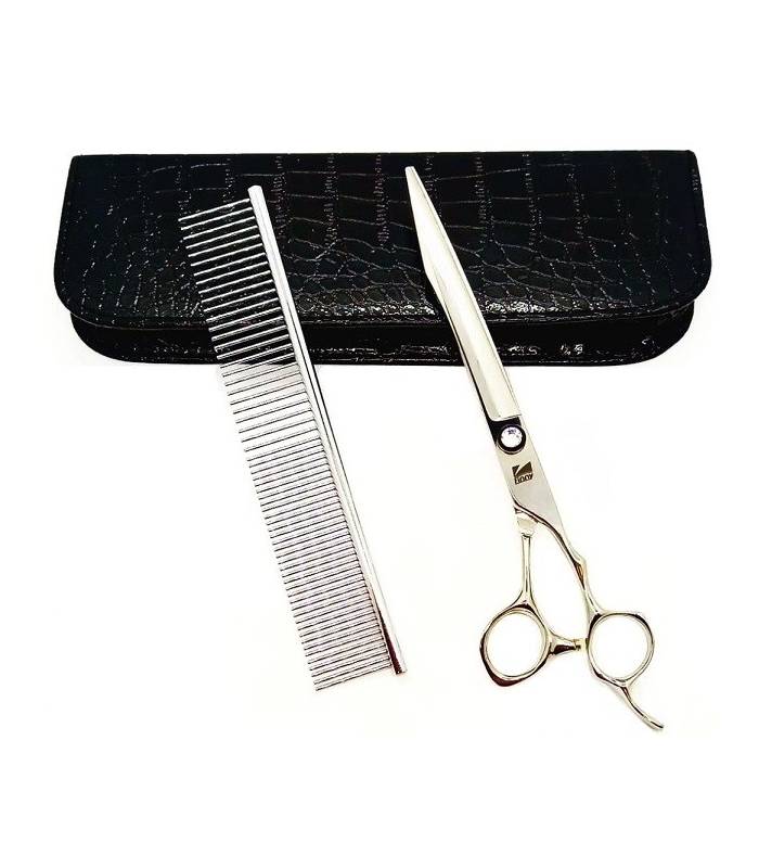 قیچی آرایشگری کرتزر فینی کات و کوتاهی 8 اینچ طرح کوسه همراه شانه آرایشگری Kretzer Hair Finny shark-80