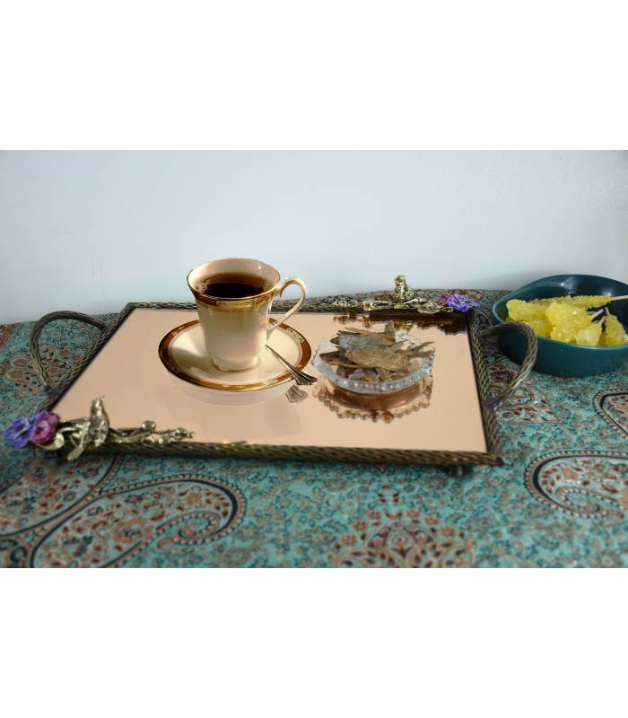 سینی   مستطیلی برنجی آنتیک میناکاری گنجشک و گل بنفشه   Antique brass Rectangular tray