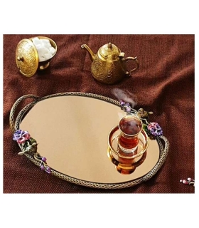 سینی بیضی برنجی آنتیک میناکاری گنجشک و گل بنفشه متوسط
