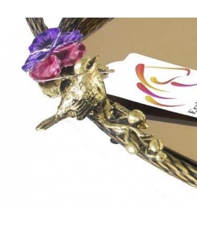 سینی بیضی برنجی آنتیک میناکاری گنجشک و گل بنفشه متوسط
