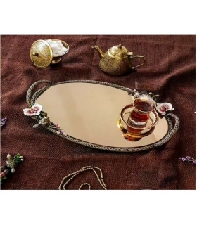 سینی بیضی برنجی آنتیک میناکاری گنجشک و گل ارکیده
