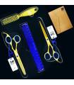 ست 4 تکه قیچی آرایشگری فینی کات و کوتاهی/پیتاژ 6 اینچ همراه برس و شانه طلایی و آبی Kretzer Hair Finny FSG7-60