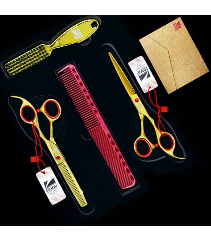 ست 4 تکه قیچی آرایشگری فینی کات و کوتاهی/پیتاژ 6 اینچ همراه برس و شانه طلایی و قرمز Kretzer Hair Finny FSG9-60