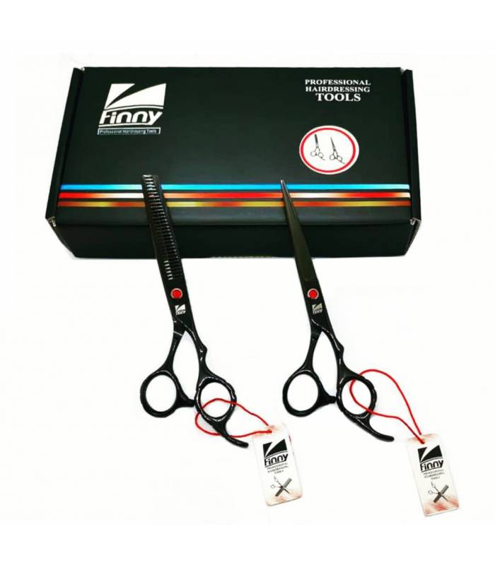 ست دو عددی قیچی آرایشگری فینی کات و کوتاهی/پیتاژ 6 اینچ مشکی تم قرمز Kretzer Hair Finny KBR5-60 hair scissors