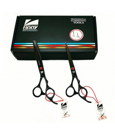 ست دو عددی قیچی آرایشگری فینی کات و کوتاهی/پیتاژ 6 اینچ مشکی تم قرمز Kretzer Hair Finny KBR5-60 hair scissors